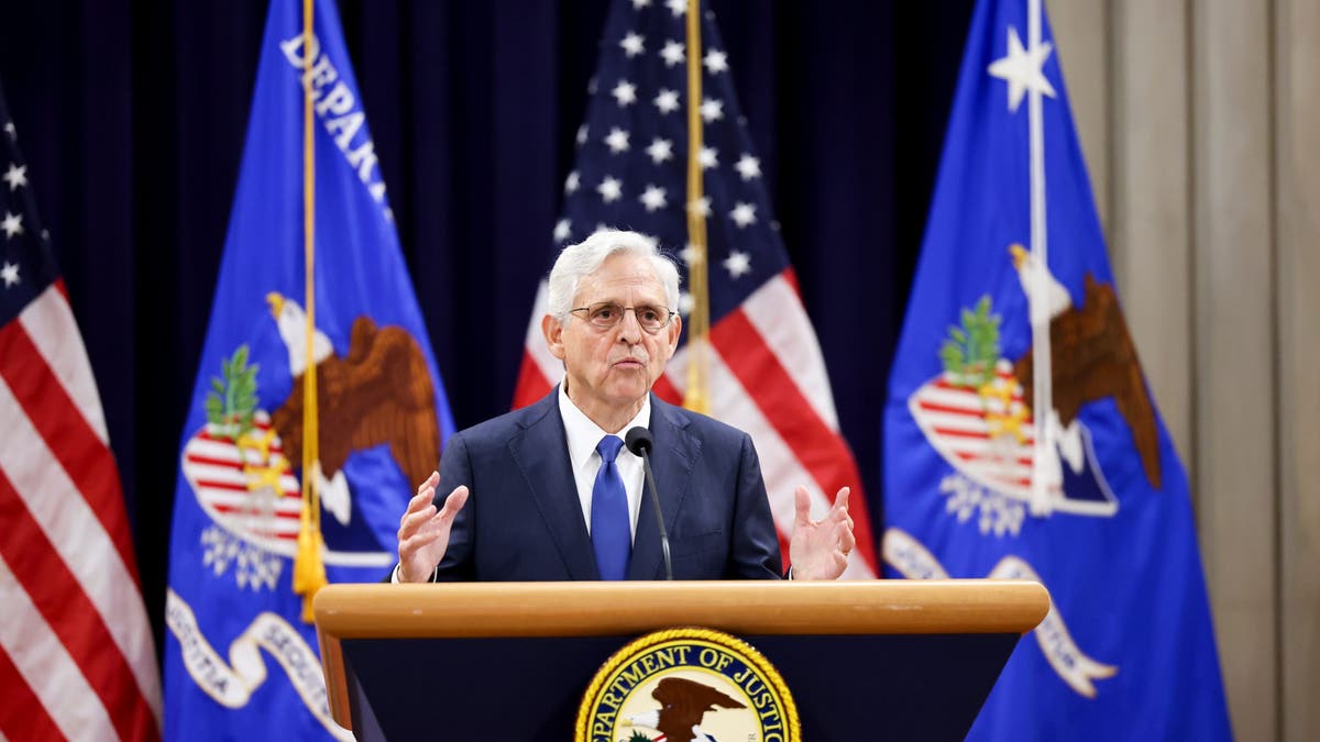 Merrick Garland, US attorney general, speaks at the Department of Justice (DOJ) in Washington, DC, US, on Thursday, Sept. 12, 2024. Amid Republican presidential nominee Donald Trump's continued accusations of DOJ weaponization throughout his two federal criminal cases, Garland praised his department's some 115,000 attorneys, agents, and other workers for not bending to politics. Photographer: Ting Shen/Bloomberg via Getty Images