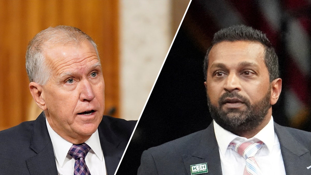 Thom Tillis, left, questioned the FBI over a reported cyberattack on Kash Patel, right, and how quickly the media knew about it.