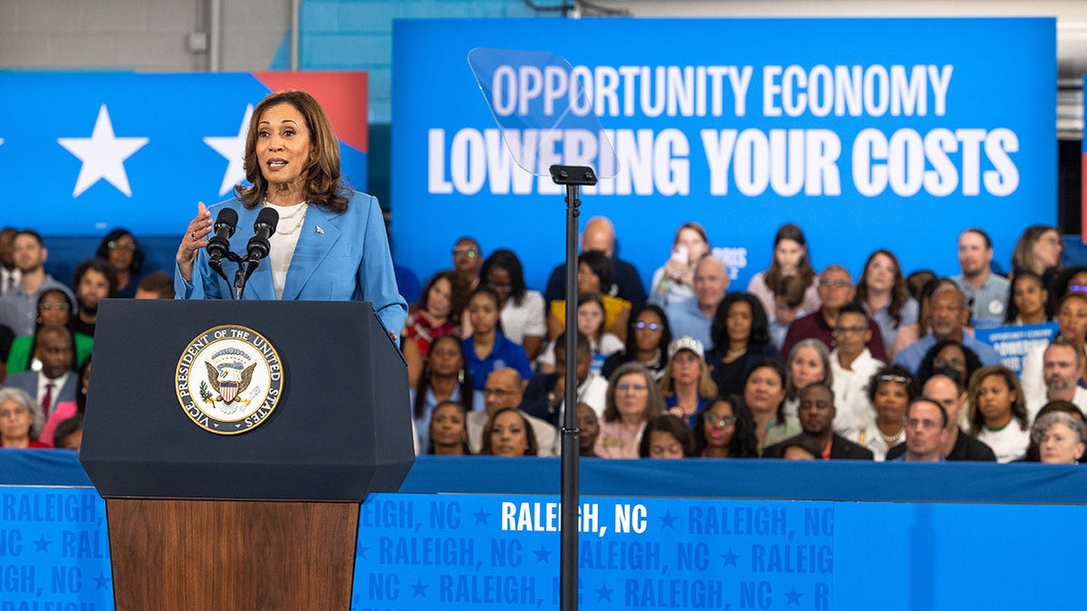 Kamala Harris behind lectern at rally in NC 