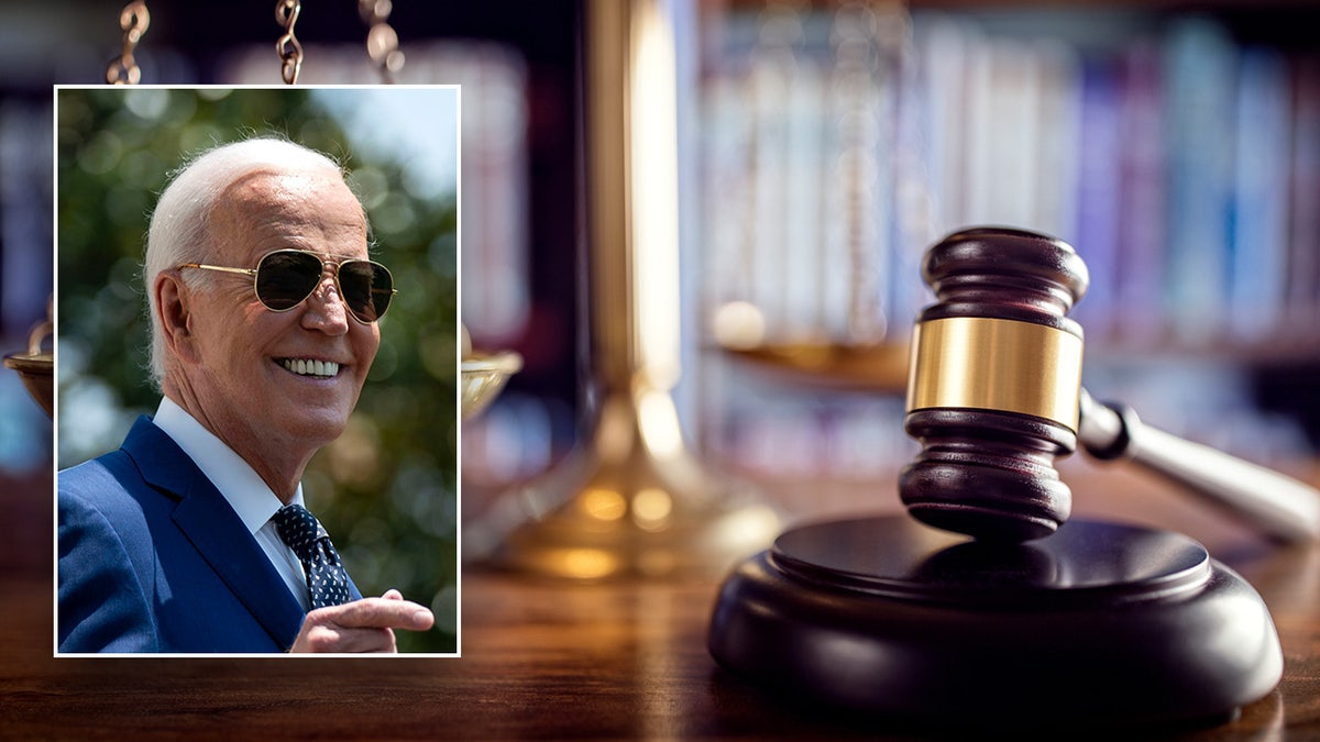 Joe Biden, inset, smiling with sunglasses; main pic gavel