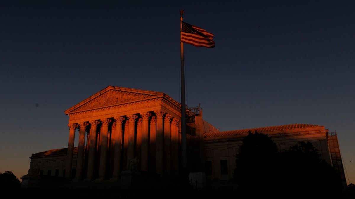 PHOTO: The U.S. Supreme Court is seen during sunset. The court will hear oral arguments Wednesday in a high-profile case centered on the right of transgender youth to receive gender-affirming care. (Aaron Schwartz/SIPA USA)