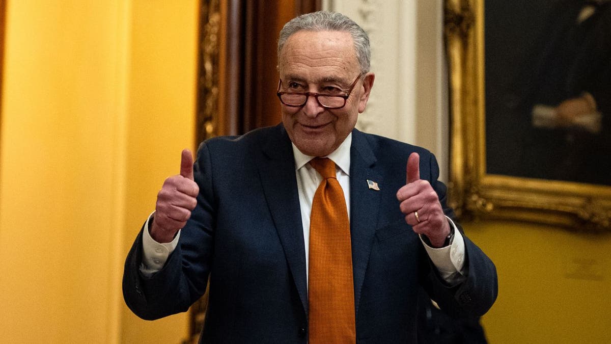 Senate Majority Leader Chuck Schumer gives a thumbs up 