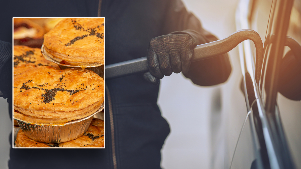 Split image of pies, guy breaking into van